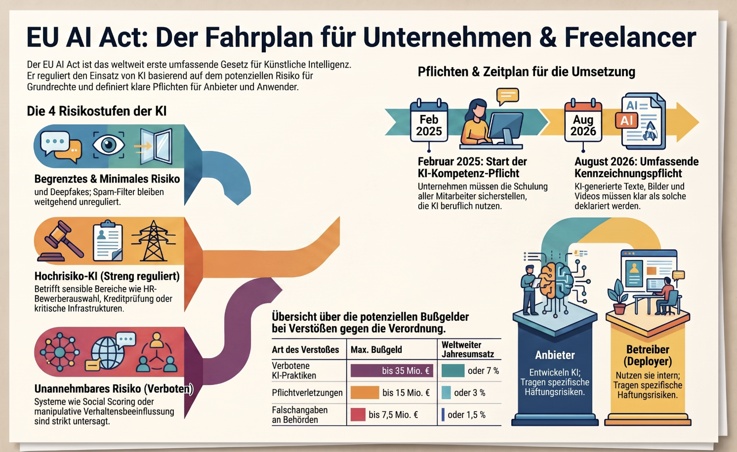 Infografik EU AI Act: Risikostufen, Pflichten, Zeitplan und Bußgelder für Unternehmen und Freelancer